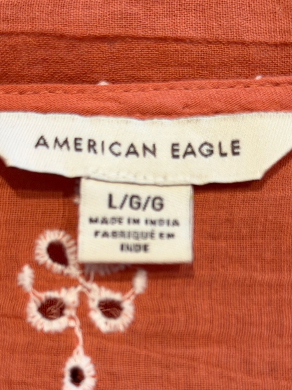 American Eagle~Boho~Terracotta~White Embroidered Eyelet~Lace~Tunic Top~Size LG/G - Picture 2 of 16